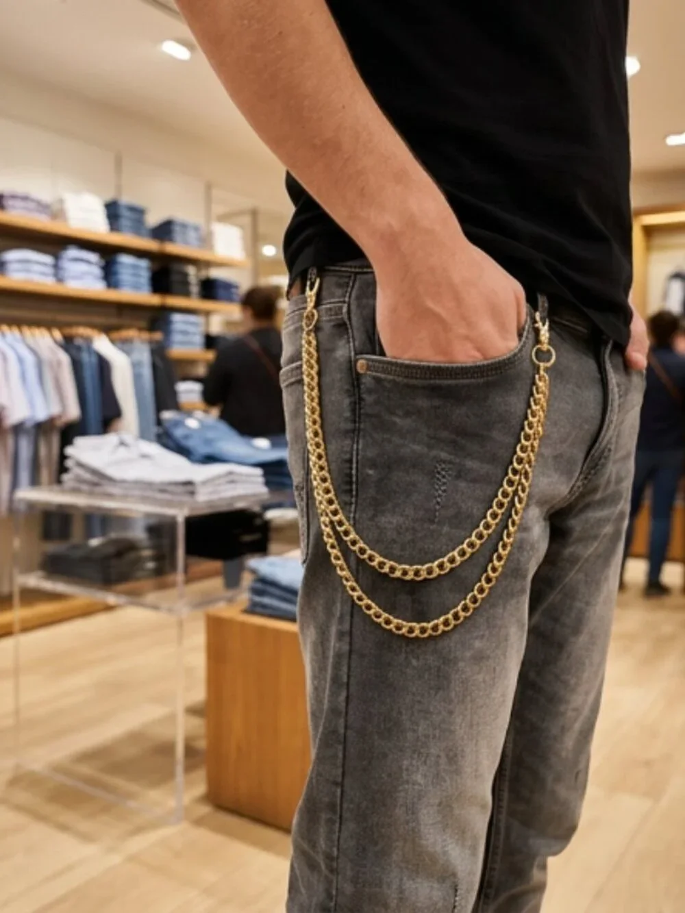 NEW Men Wallet Jeans Chain KeyChain Strong Gold Metal Links Biker 2 Strands